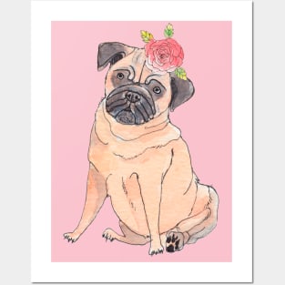 Pug with flower Posters and Art